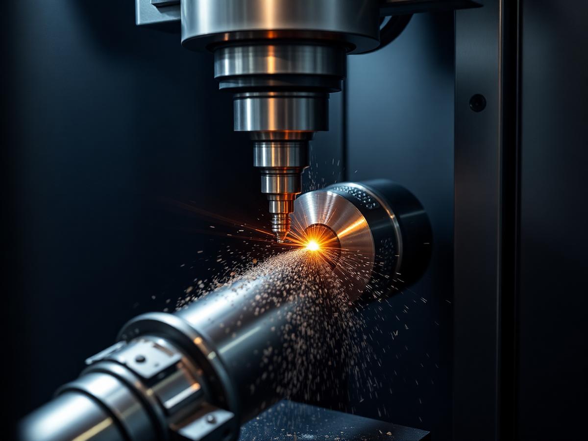 CNC spindle machining a steel component with chips flying
